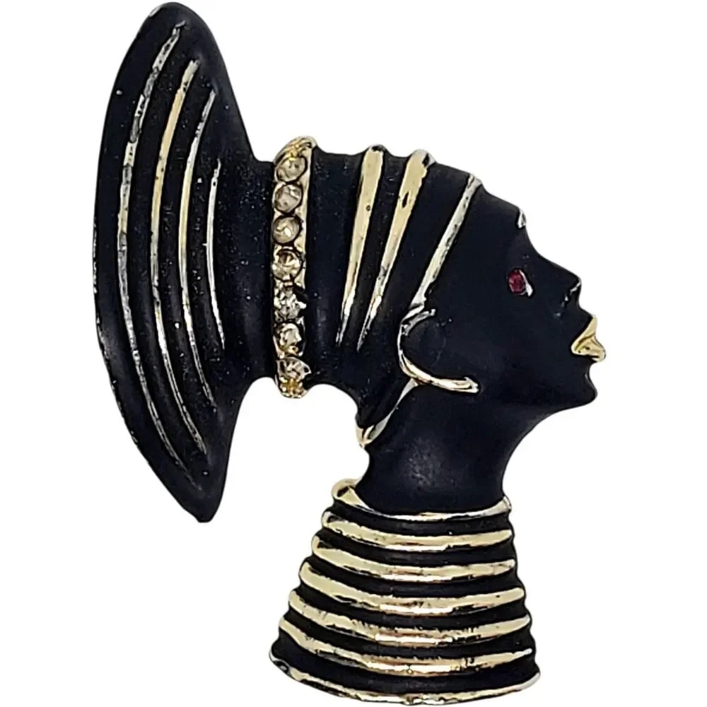 Vintage Luxe Blackamoor Queen Brooch Retro Statement Enamel Rhinestone Pin